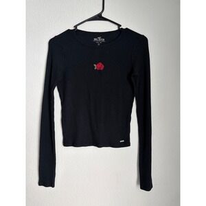 Hollister Black Ribbed Long Sleeve Baby Tee Red Rose Embroidered Top Small